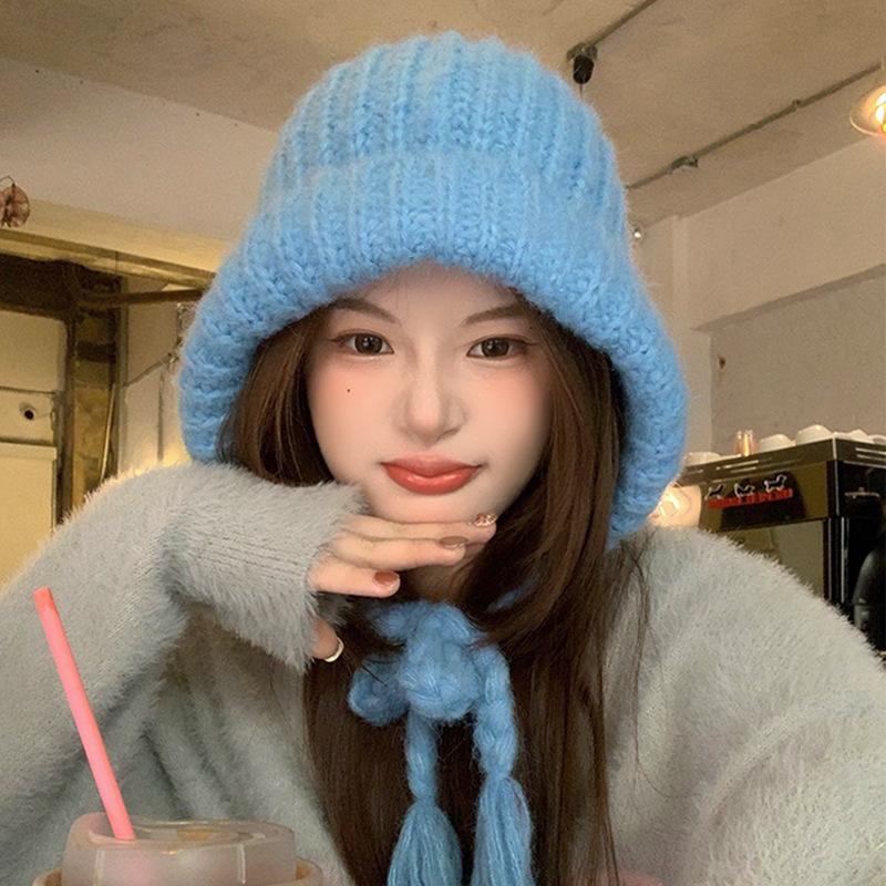 Women's Blue Knitted Wool Balaclava with Ear Protection for Autumn and Winter