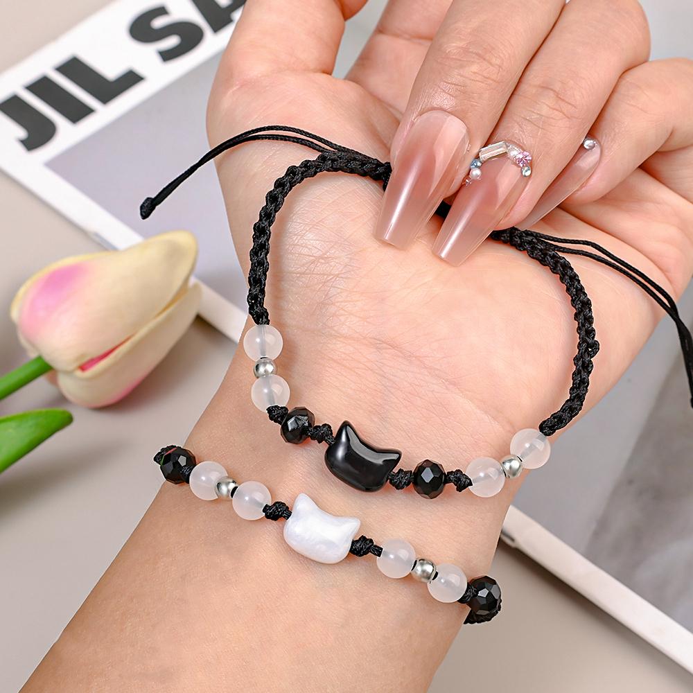 2 pulseras de obsidiana y piedra lunar natural para parejas, pulseras minimalistas hechas a mano, pulseras con un lindo gato blanco y negro, joyería para fiestas, regalos