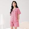 Fenteng 100% Cotton Casual Short-Sleeved Cardigan Women's Sleepwear Home Suit Set with Striped Soft Shorts