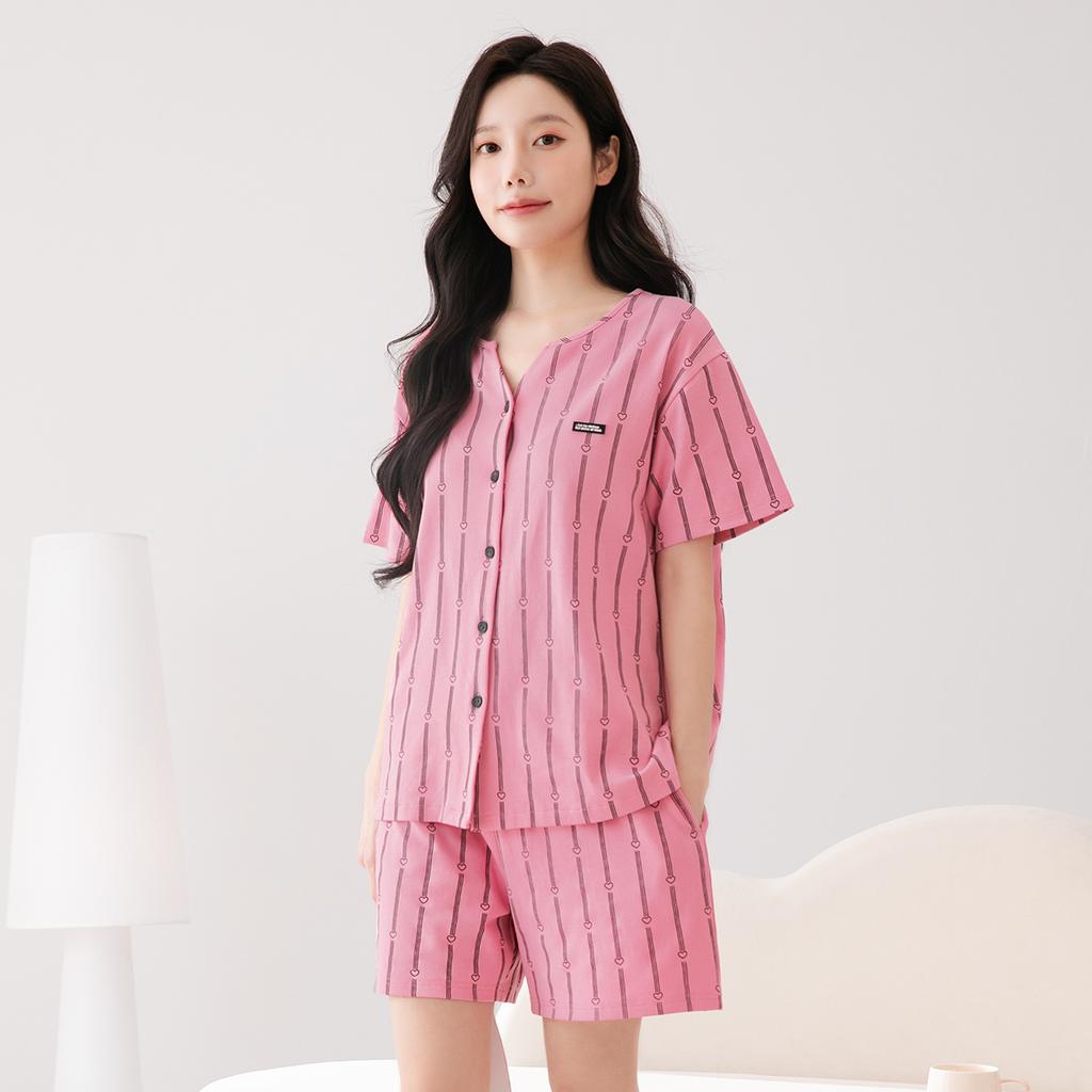 Fenteng 100% Cotton Casual Short-Sleeved Cardigan Women's Sleepwear Home Suit Set with Striped Soft Shorts