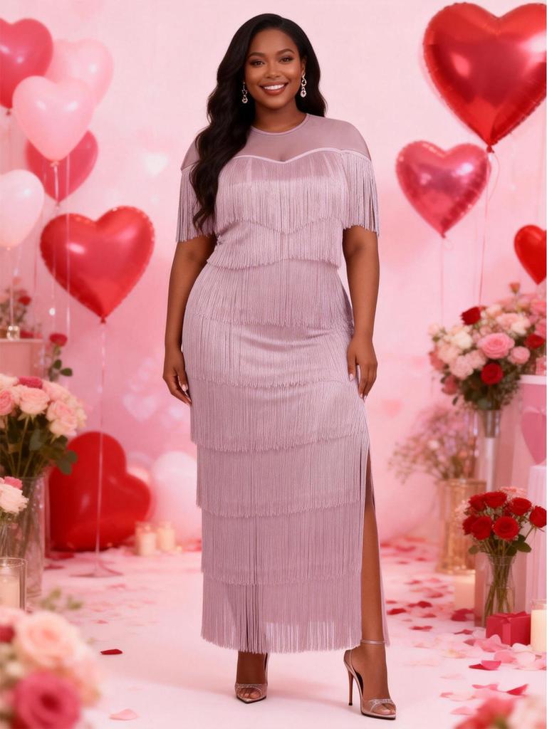 Falda Transparente con Borlas y Abertura Lateral de Cuello Redondo para Mujer Tallas Grandes - Vestido para Fiesta de Vino y Banquete