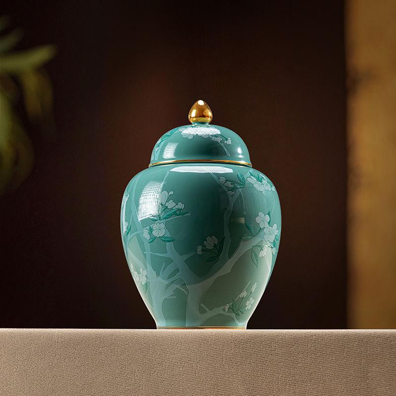 Chinese Ceramic Tea Canister Green Flower Candy Canister Delicate Multifunctional Coffee Bean Food Storage Jar Moisture-proof