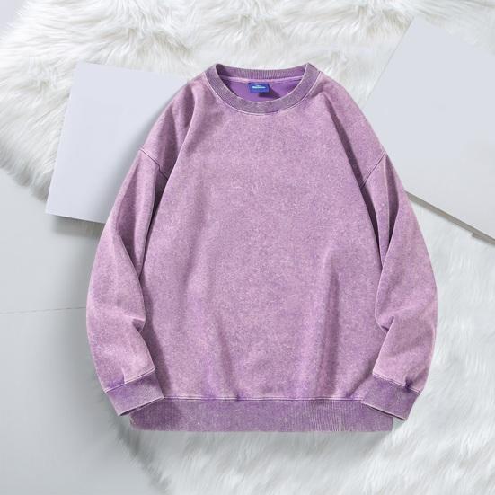 Unisex Spring Fall Top Distressed Design Cotton O Neck Solid Color with Elastic Cuffs And Hem Loose Pullover Lady Men Sweatshirt for Vacation Work And