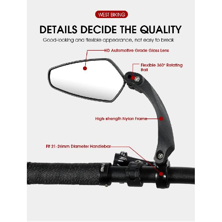 WEST BIKING Bicycle Rear View Mirror 360 Degree Rotate for Bike MTB Bicycle Electrical Bike Wide-Range Adjustable Angles Mirror