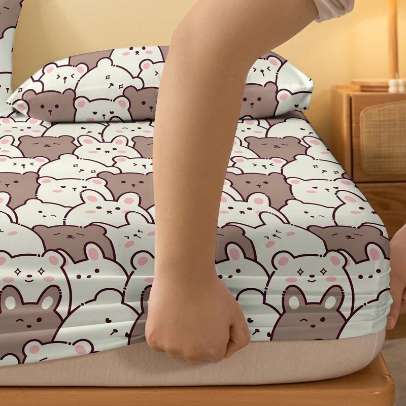 1 Cartoon Cute Animal Bear Printed Matte Fitted Sheet, Bedroom Printed Bed Cover, Bedding (Excluding Pillowcases)