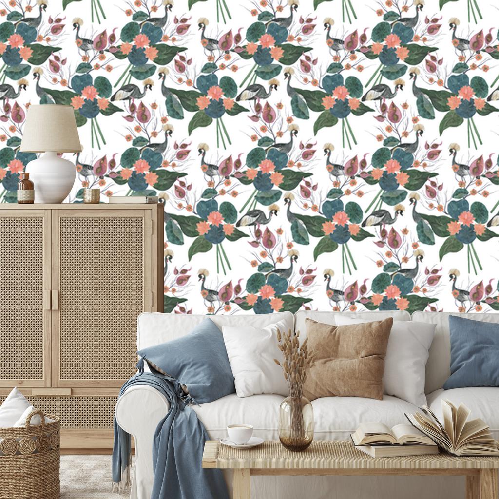 Cranes Among Flowers Wallpaper for Living Room and Bedroom 50x1000