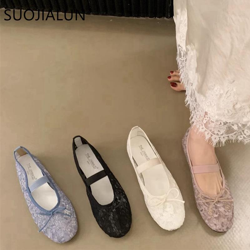 Fashion SUOJIALUN 2025 Spring New Brand Women Flat Shoes Fashion Lace Ladies Elegant Ballerina Shoes Round Toe Soft Flat Single Shoes