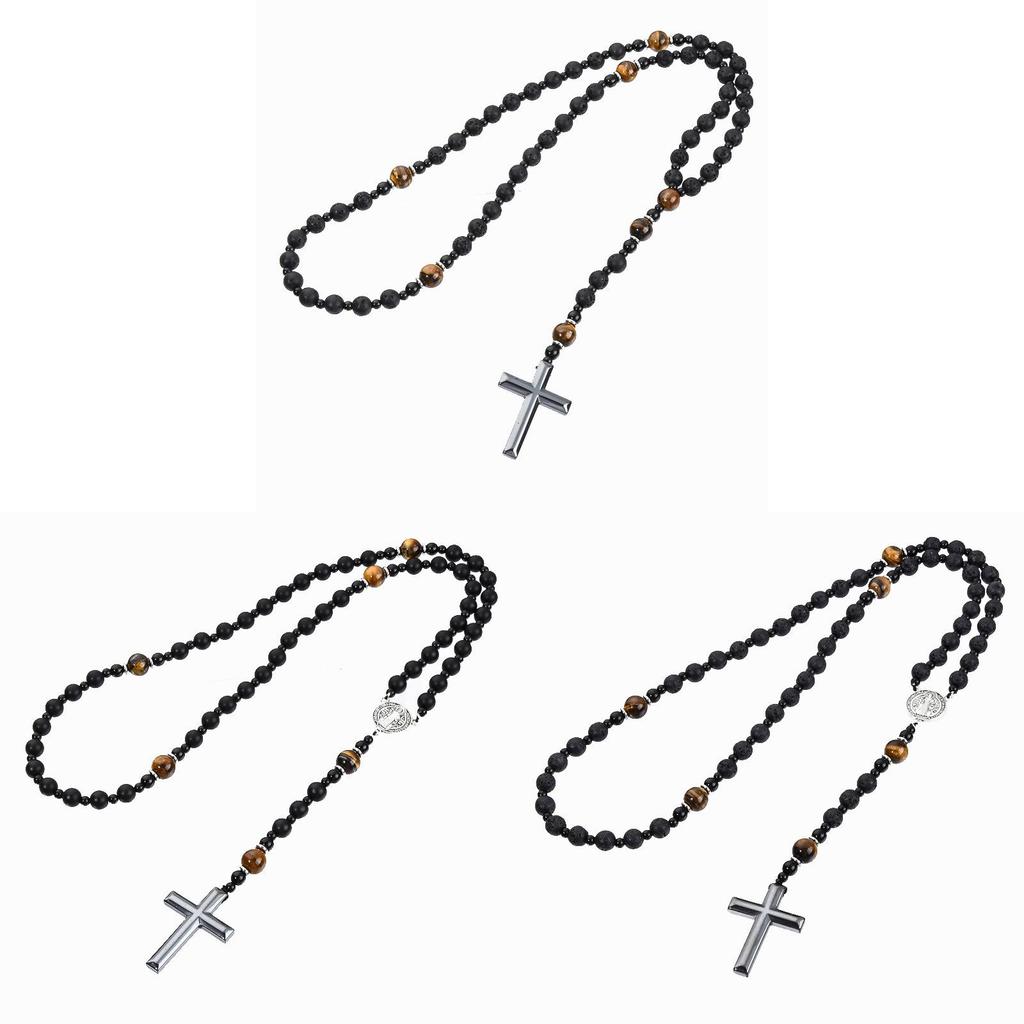 Collana Croce in Occhio di Tigre Vulcanico di Ossidiana per Uomo e Donna con Ciondolo Metallico Artigianale