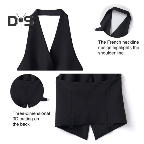 Chaleco de Traje Halter con Cuello en V para Mujer Abotonado Sin Espalda Blazer Chaleco sin Mangas Crop Camiseta sin Mangas Vintage Elegante