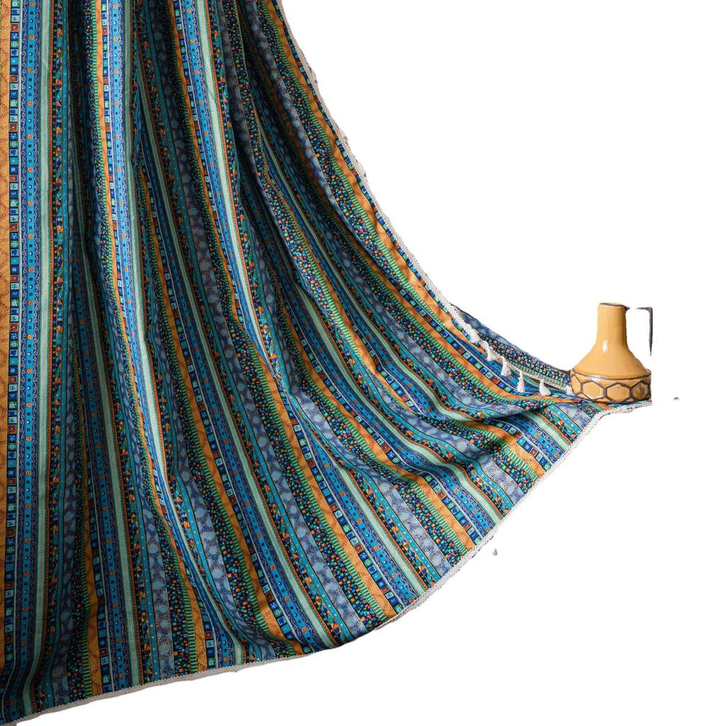 Yiman Qiyun Bohemian Striped Yellow Cotton-Linen Kitchen Curtain, Semi-Light-Blocking