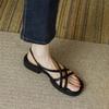 French Vintage Brown Open-toed Sandals Flat Summer Word with Beach Strap Cross Low Heel Roman Sandals