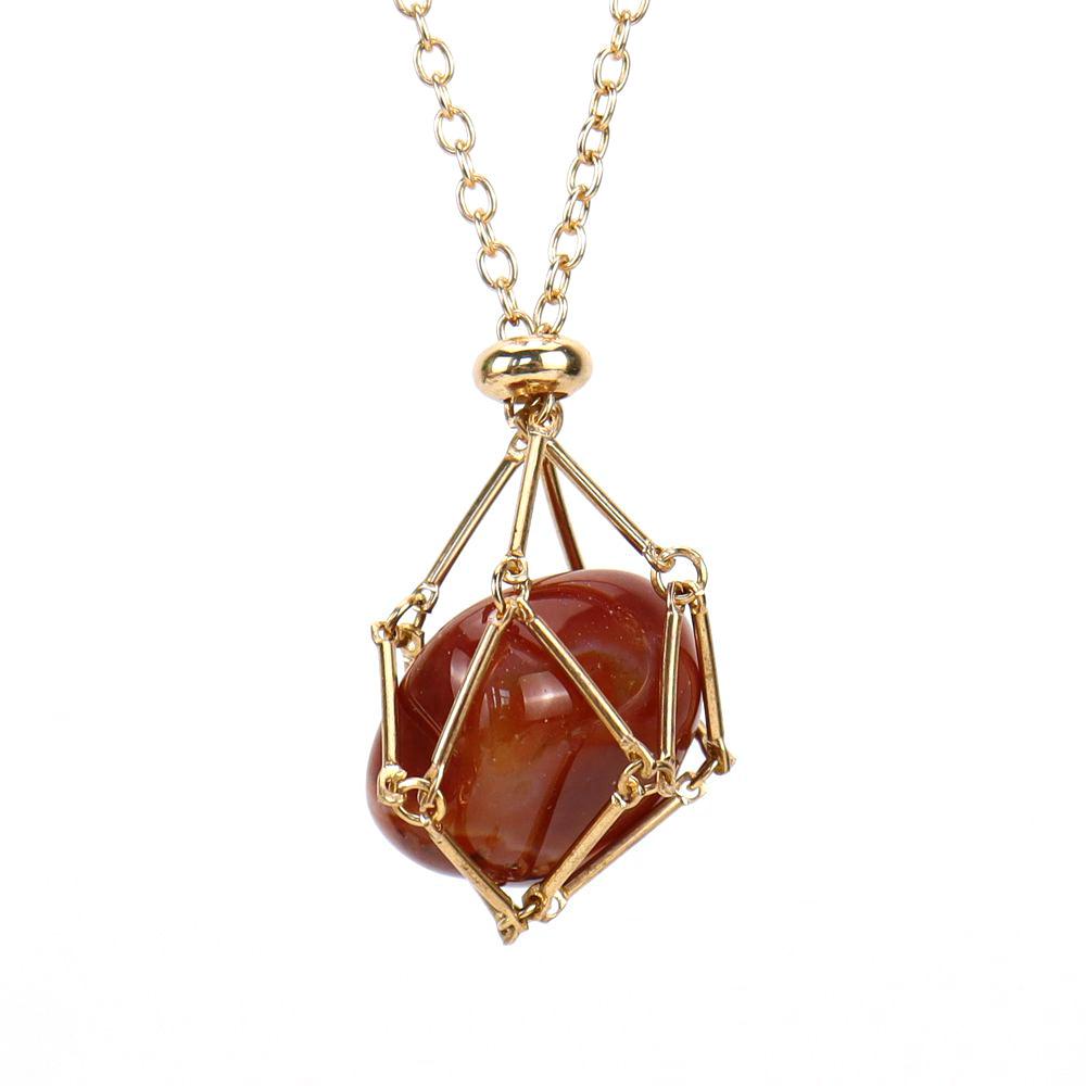 Crystal Rough Stone Handmade Adjustable Stainless Steel Metal Bamboo Mesh Pocket Necklace Woven Pendant N683