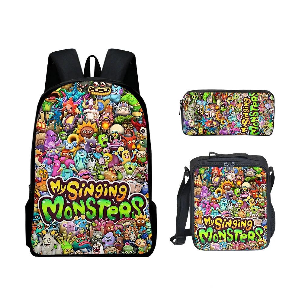 Monster Singer Elementary School Bag Three-Piece Nylon Printed Backpack Breathable Backpack Lightweight