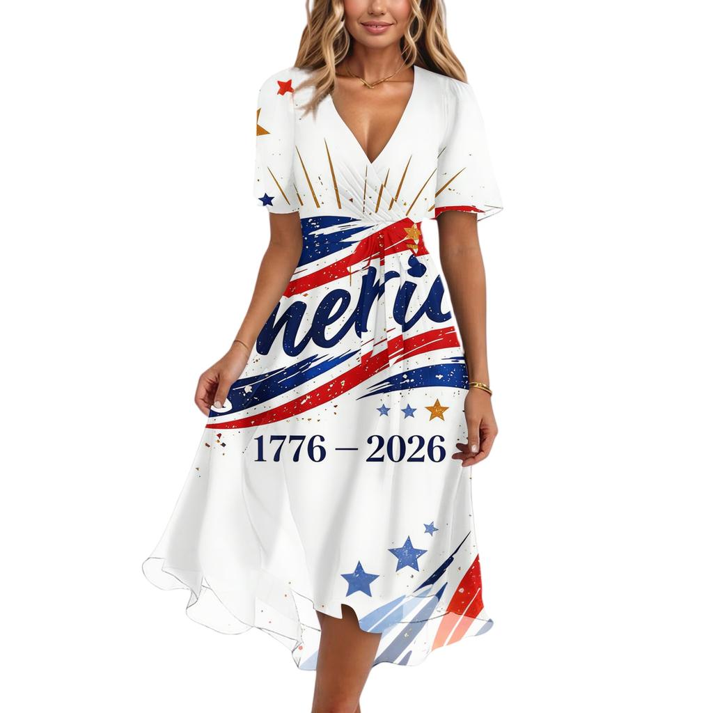 Women's Fashionable Casual V-neck Short-sleeved Independence Day Printed Dress