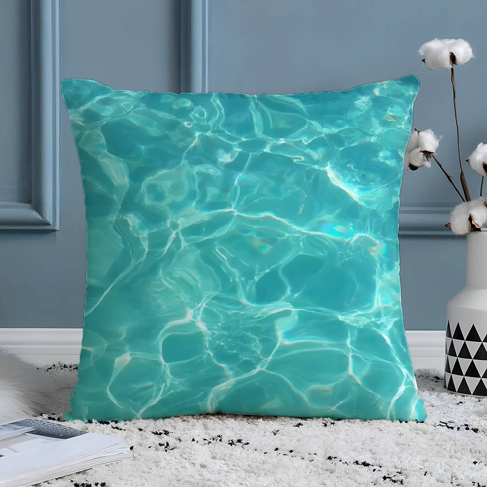 Blue Green Ocean Print Pattern Pillow Case Silky Elegant Comfort Sofa Bed  Invisible Zipper Beach Pillowcase