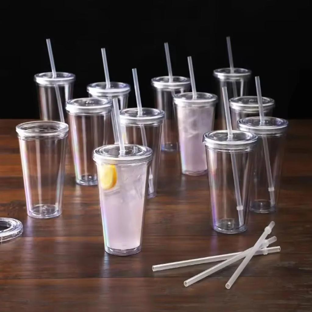1pc-Reusable Double-layer Plastic Transparent Drinking Cup Water Bottle with Lid Straw Cup Outdoor Drink Tea Milk Mug Tools