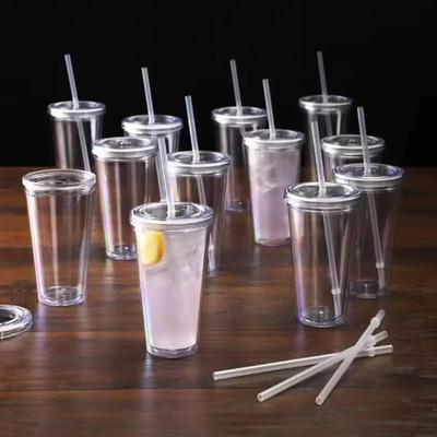 1pc-Reusable Double-layer Plastic Transparent Drinking Cup Water Bottle with Lid Straw Cup Outdoor Drink Tea Milk Mug Tools