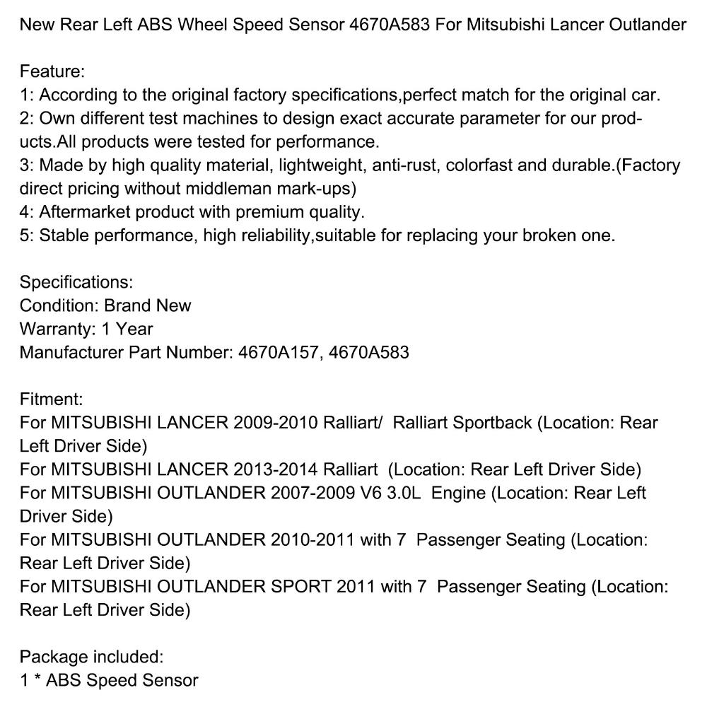 Areyoushop New Rear Left ABS Wheel Speed Sensor 4670A583 For Mitsubishi Lancer Outlander