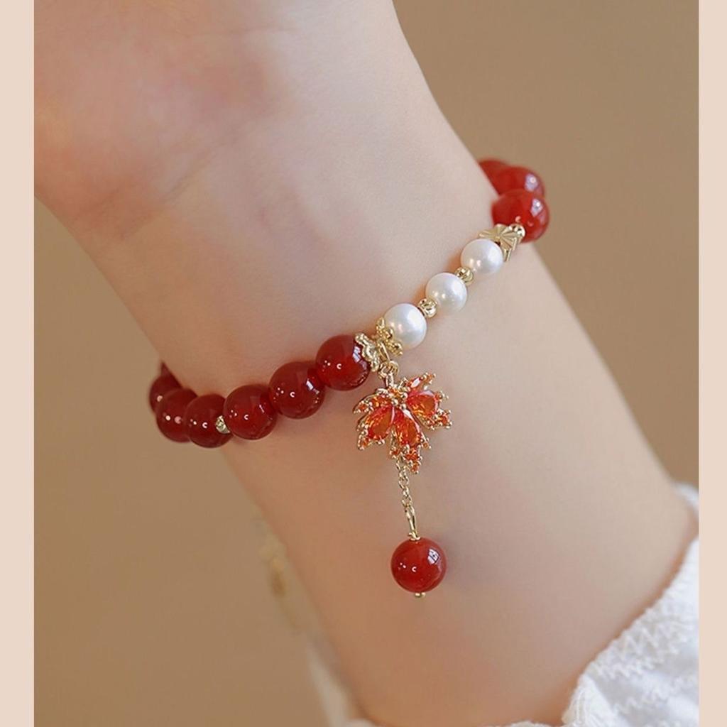 New Maple Leaf Send Acacia Red Bean Bracelet Women's Glass Bracelet High Value Niche Design ins Send Girlfriend