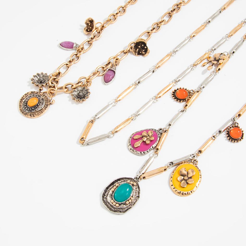 Lightweight Aluminum Iron Chain Necklace Set for Retro Floral Heart Layering No Heaviness Feel Crosses Body