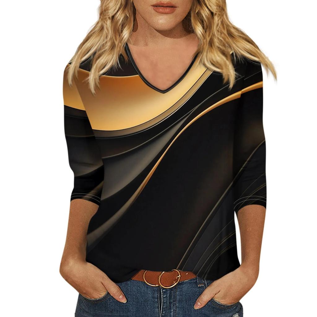 Shirt For Women'S Fashion Casual V Neck 3/4 Sleeve Loose Printed T-Shirt Ladies Top New Fashionable And Simple Women‘S 2024