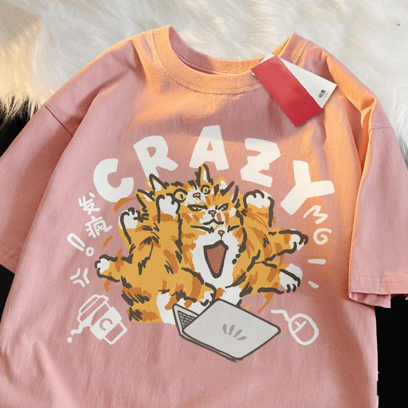 Funny Cartoon Cat Print Summer 2025 New Korean Style Ins Loose Short Sleeved Tshirt S