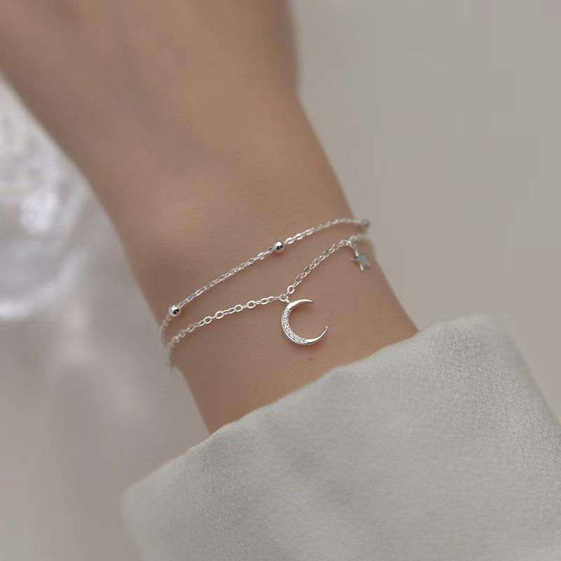 925 Silver Star Moon Bracelet Women Fashion Korean Crystal Double Layer Charm Party Jewelry Gift