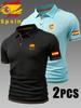 2pcs Spain Pattern Men's Outdoor Golf Casual Polo Shirt with Short Sleeves & Color Block, Men's Work Shirts for Business Casual for Spring and Summer
