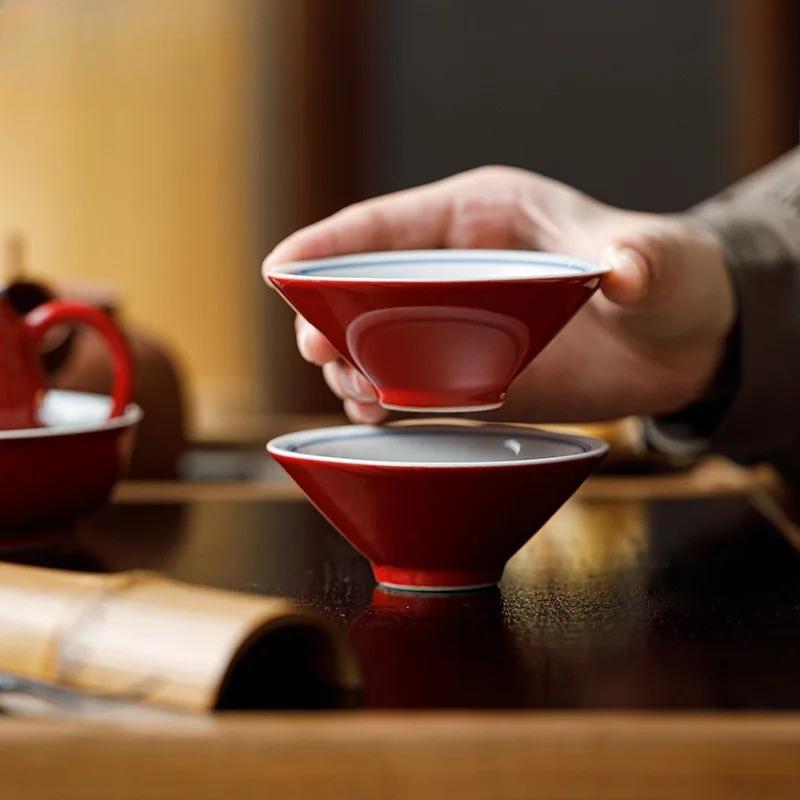 2pc/lot Red Glaze Hand-painted Double-line Teacup Elegant Tea Bowl Mug Tea-tasting Smelling Cup Jianzhan Master Cups Teaset 70ml