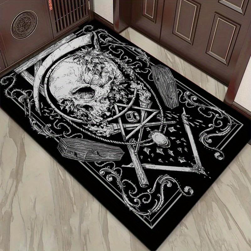 Schädel und Symbole Teppich für Gothic-Einrichtung - Dunkle mystische Dekorationen, Vintage-Stil Fußmatte Rutschfester Teppich
