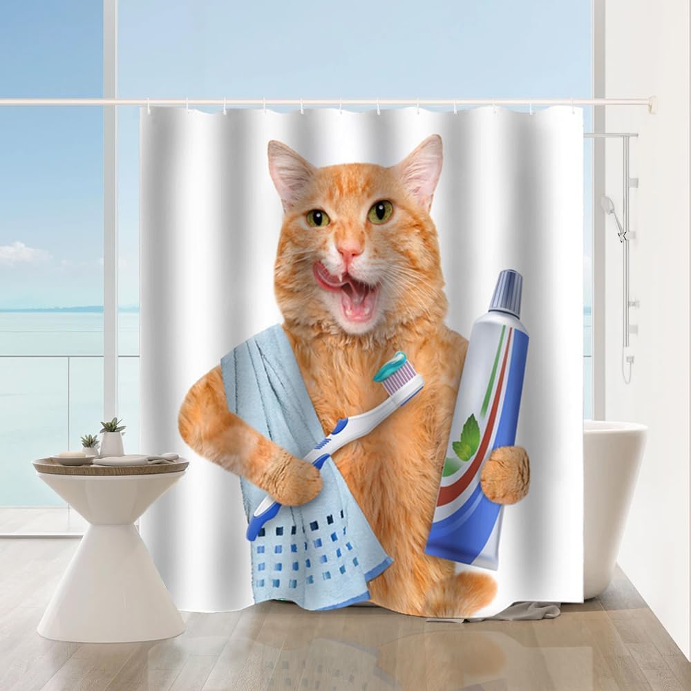 Cat Shower Curtain Kids Children, Cat Brushing Teeth Shower Curtain Bathroom Waterproof Fabric, Bathroom Decor Accessories