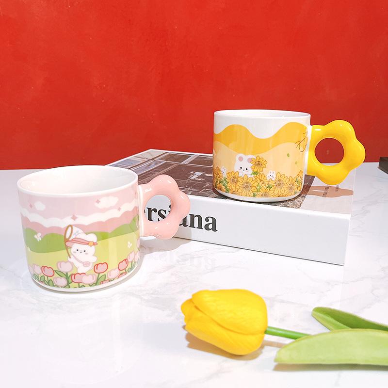 Cute Creative Rabbit Spring Outing Water Cup Drawing Handle Cartoon Ceramic Cup Mug