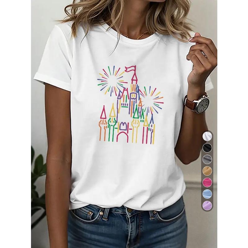 

AUX DES MOUBLES Women s Casual Sports T-Shirt, Round Neck Tee, Vintage Castle Print Fashion, Artistic Casual Wear, European Style Retro Tee S белый