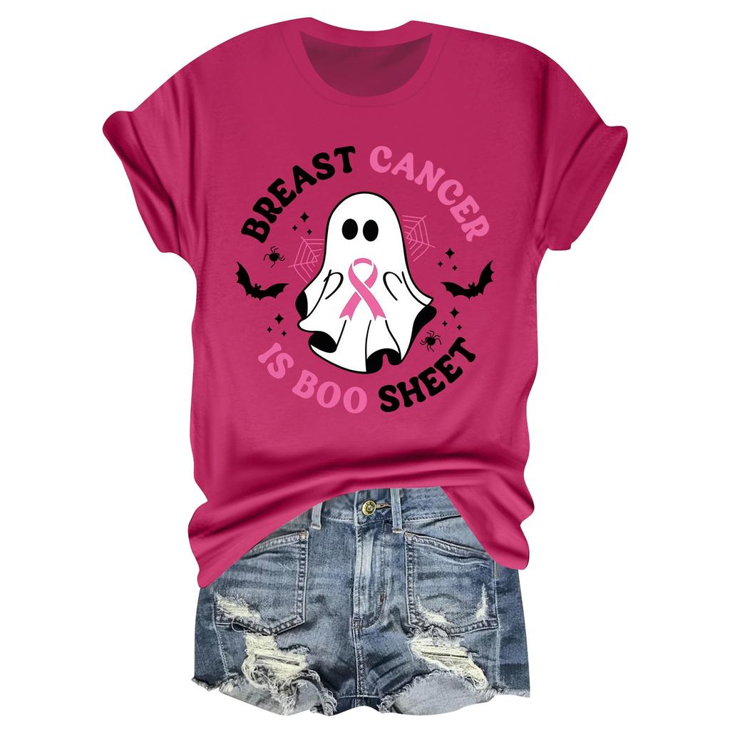 Women's Casual Halloween Breast Print T-Shirt Round Neck Pullover Short Sleeve Top