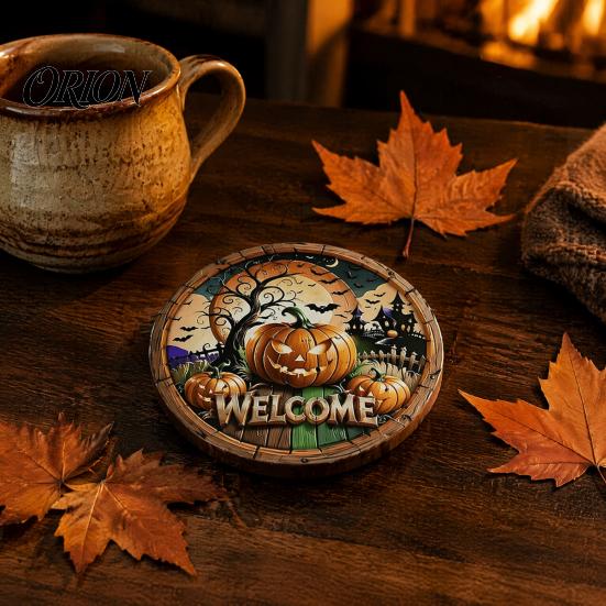Halloween Wooden Coasters 6Pcs/Set Coasters, Retro Pumpkin Ghost Drink Heat Resistant Cup Holders Round Insulation Pads for Dining Table Holiday Decor