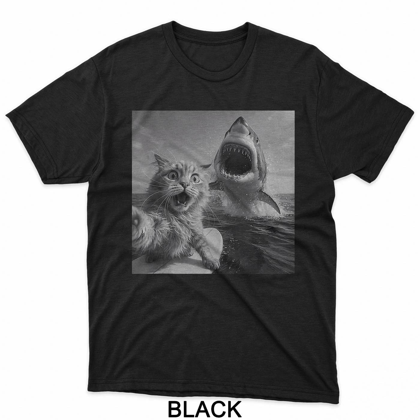 Funny Cat Selfie Surfing Shark T-Shirt 2XL
