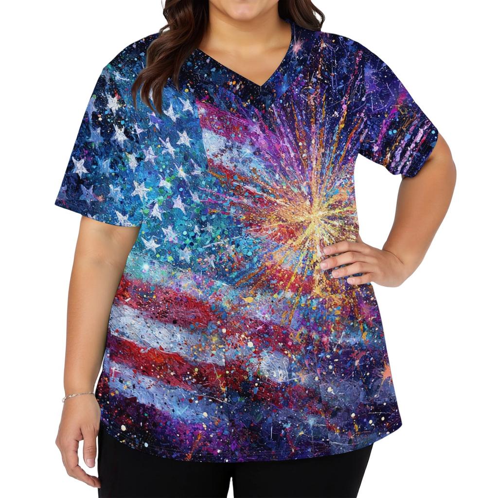 Camisa de Trabalho Casual da Moda Feminina com Estampa da Bandeira Americana e Estrelas para o Dia da Independência, Gola V, Manga Curta, Fendas Laterais Duplas e Bolsos