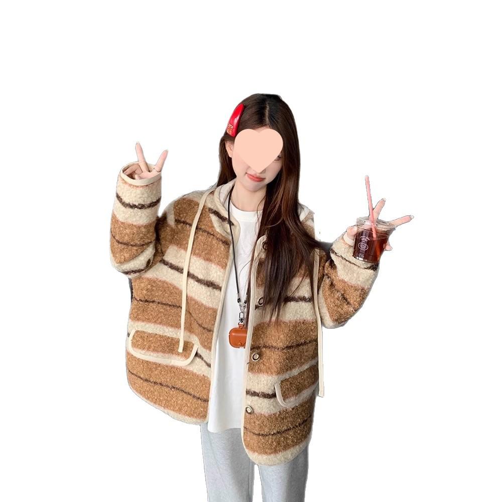 Women’s Korean Retro Striped Hooded Faux Lambswool Coat - Winter Loose Fit Cardigan with Long Sleeves