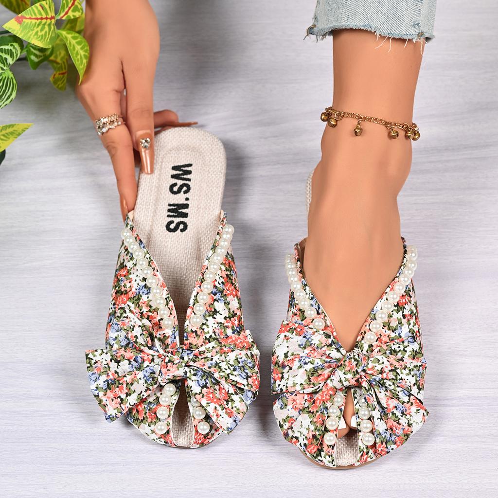 Women Slippers Summer Fashion Slippers Pearl Bow Round Head Flat Sandals Bag Toe Versatile Large Size Shoes Women Slides Women