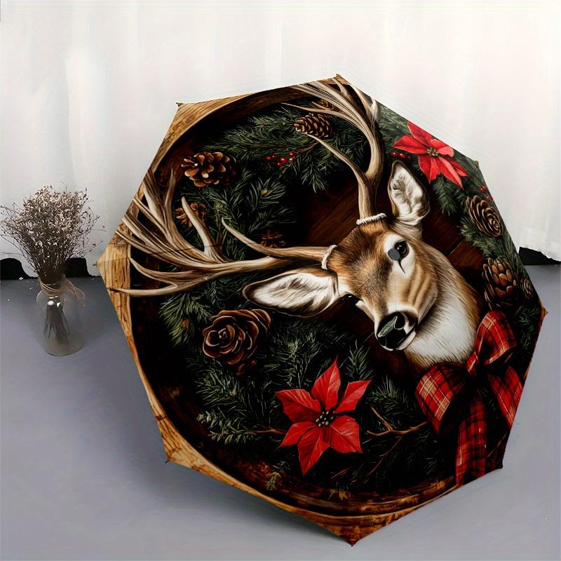 Christmas Deer Wreath with Poinsettias and PineconesUmbrellaPortable 3-Fold Compact Umbrella for Men & Women Gift