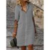 Women's Collar Three Quarter Sleeve Button Down Loose Fit Cotton Linen Shirt Dress With Pockets