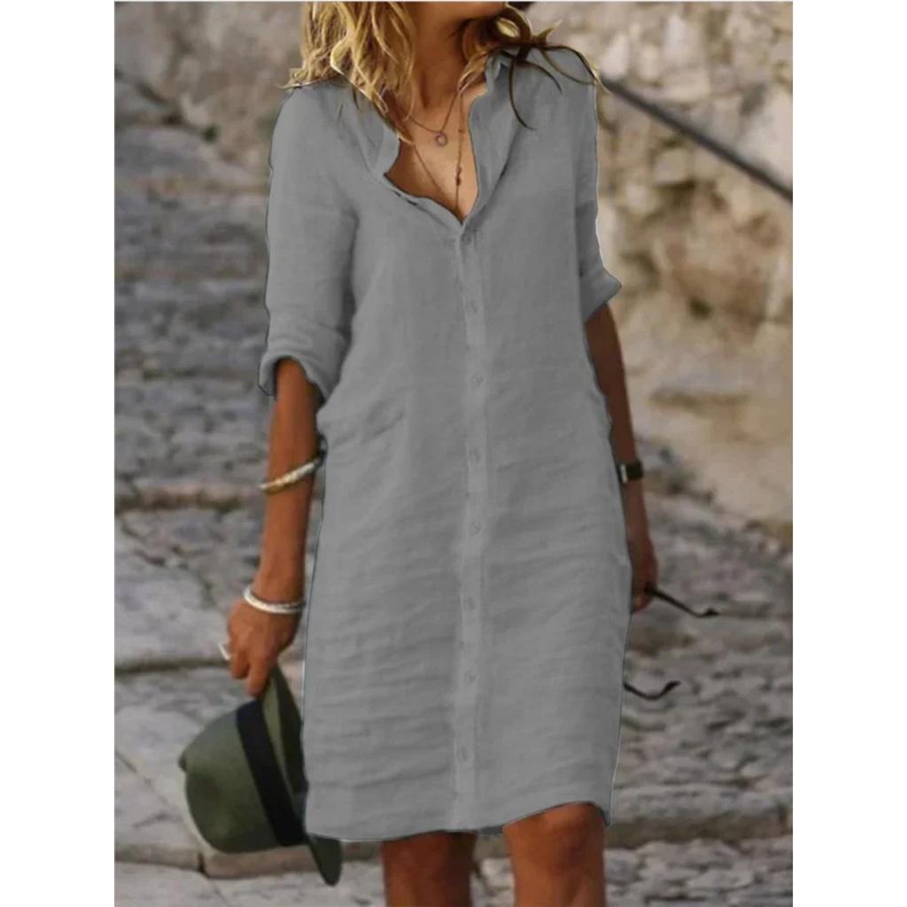 Women's Collar Three Quarter Sleeve Button Down Loose Fit Cotton Linen Shirt Dress With Pockets