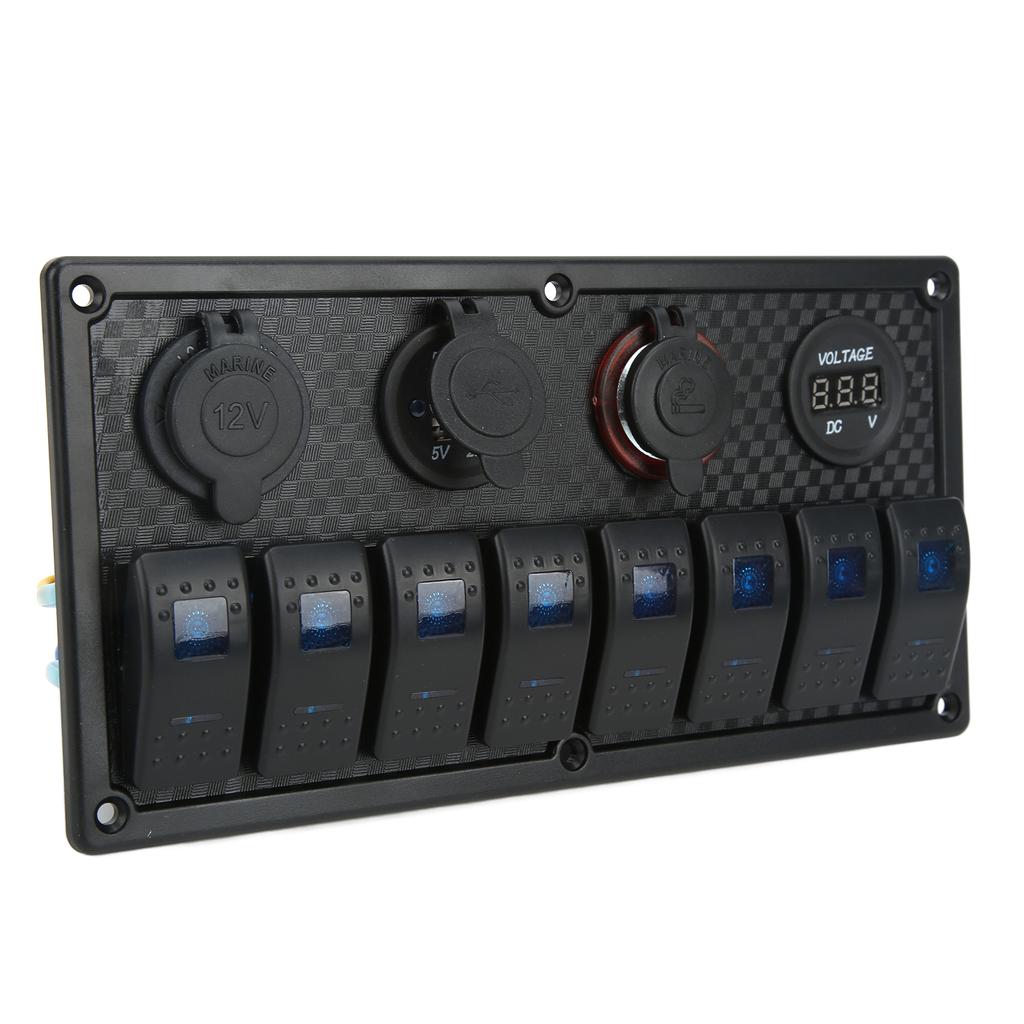 Car Boat Rocker Switch Panel Blue LED Light with Dual USB Voltmeter Cigarette Lighter 12‑24V for Yachts Ships Caravans