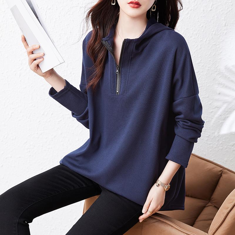 Dimanaf 2025 Hanorace Noi de Primăvară Mărimi Mari pentru Femei Mânecă Lungă Violet. Buzunare Largi Casual Design Albastru Solid Topuri de Bază Tricou Pulover Nou