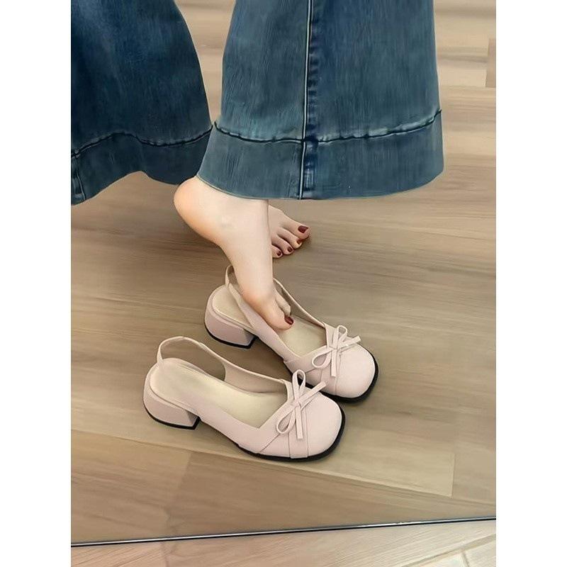 Bow thick-soled thick-heeled Mary Jane shoes women's new bag head rear empty sandals light-mouth single shoes