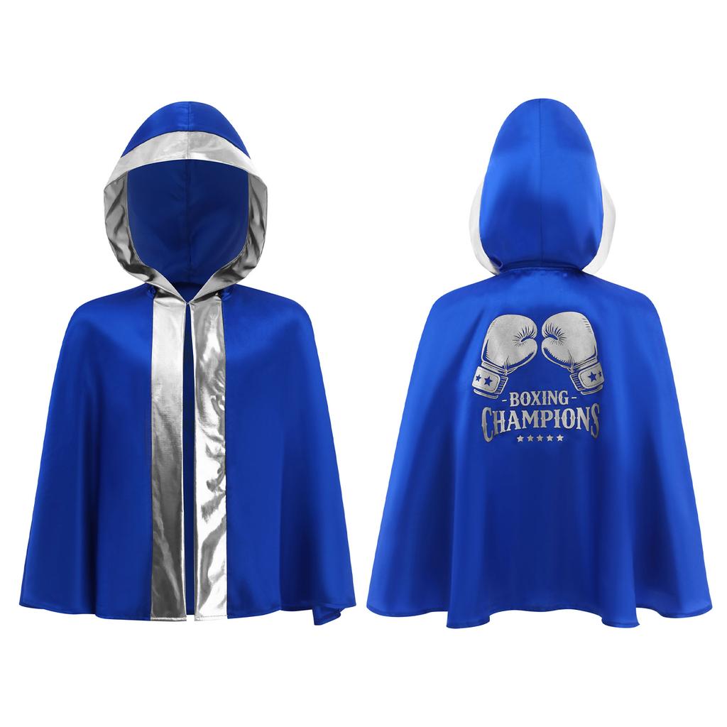Kids Boys Girls Boxing Costume Halloween Cosplay Cloak Open Front Metallic Trim Letter Printed Back Hooded Boxer Robe