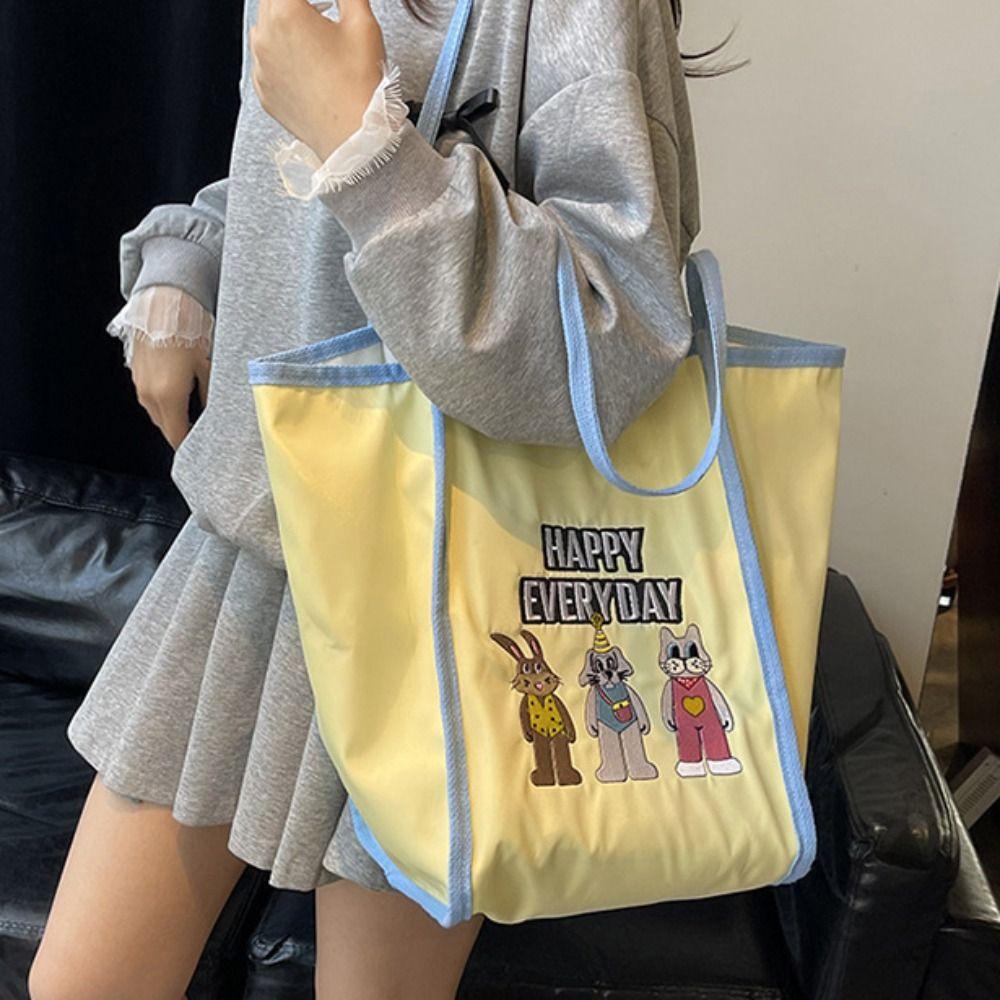 

Lightweight Cartoon Shopping Bag Reusable Embroidery Basket Bag Bunny Shoulder Bag Shopping рожевий