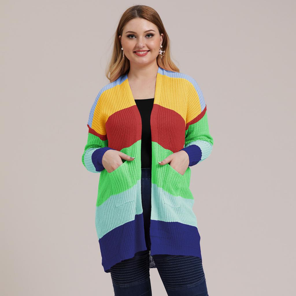 Women's Autumn and Winter Large Size Striped Patchwork Woven Jacket Sweater
