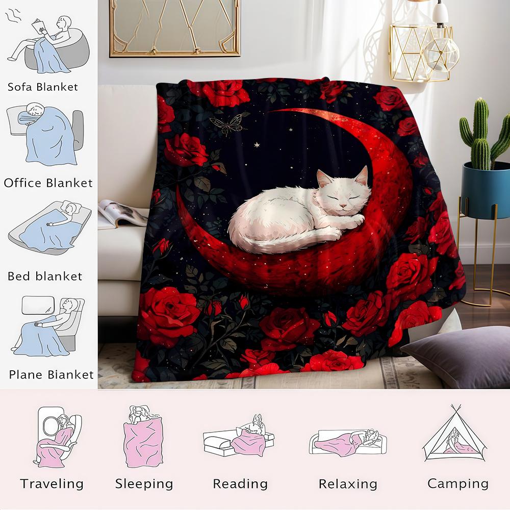 Cat On Red Moon Flannel Blanket Warm Soft Halloween Christmas Couch Warm Cozy Decorative Decor Gift for All Season