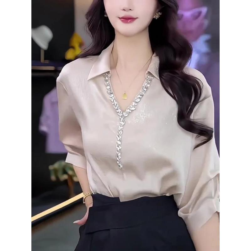 

Women Summer Elegant Satin V Neck Rhinestone Decor 3/4 Sleeve Blouse S абрикосовый